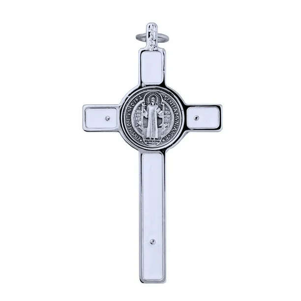 19cm St Benedict Crucifix in silver with White Inlay