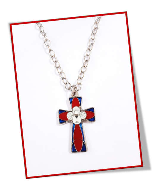 Cross with Holy Eucharist - Red/Blue Inlay on 65cm Chain