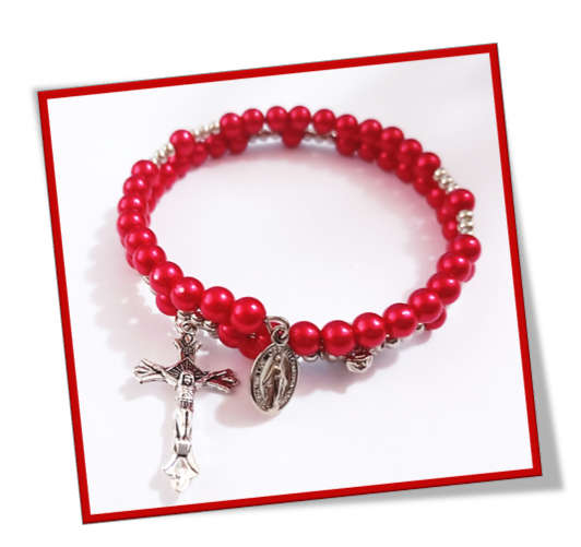 Red Faux pearl 5 decade Memory Wire Bracelet - Red Mystery beads