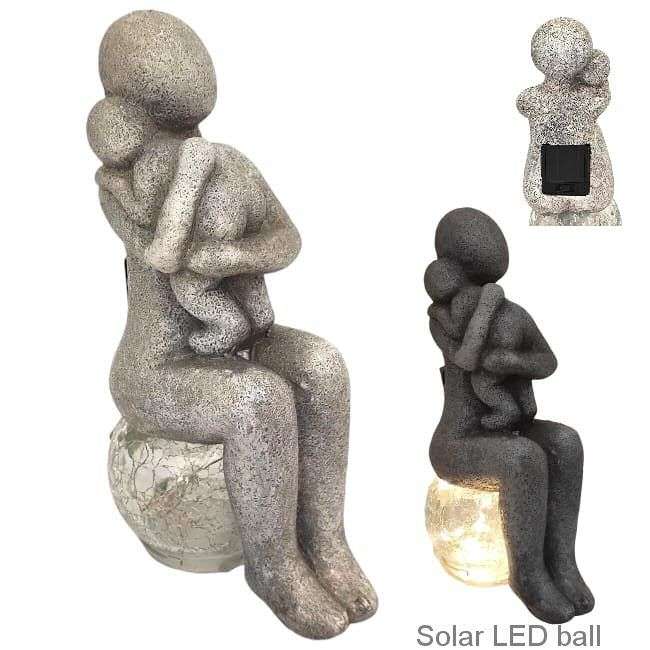 Mother & Child sitting on Crackle Glass dome with Solar Fairy Lights - 23.5cm tall