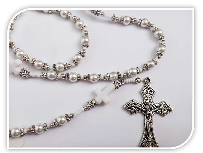 Baptism / Christening White Faux glass Pearls Rosary With White Crosses - Limited Edition