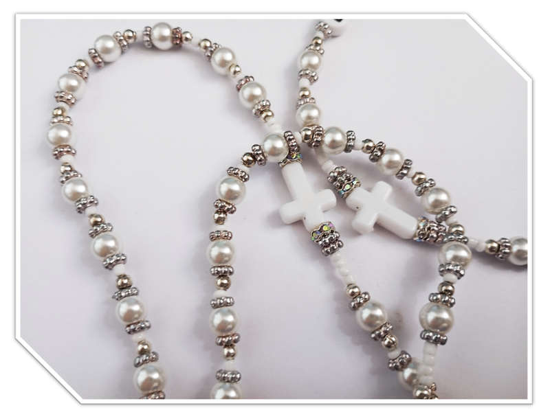 Baptism / Christening White Faux glass Pearls Rosary With White Crosses - Limited Edition