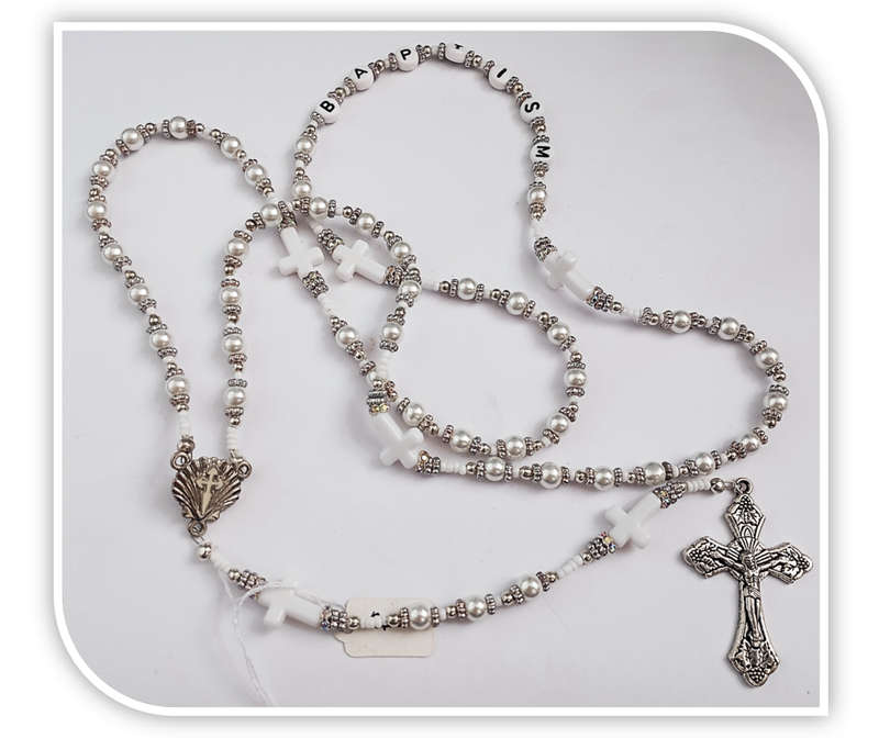 Baptism / Christening White Faux glass Pearls Rosary With White Crosses - Limited Edition