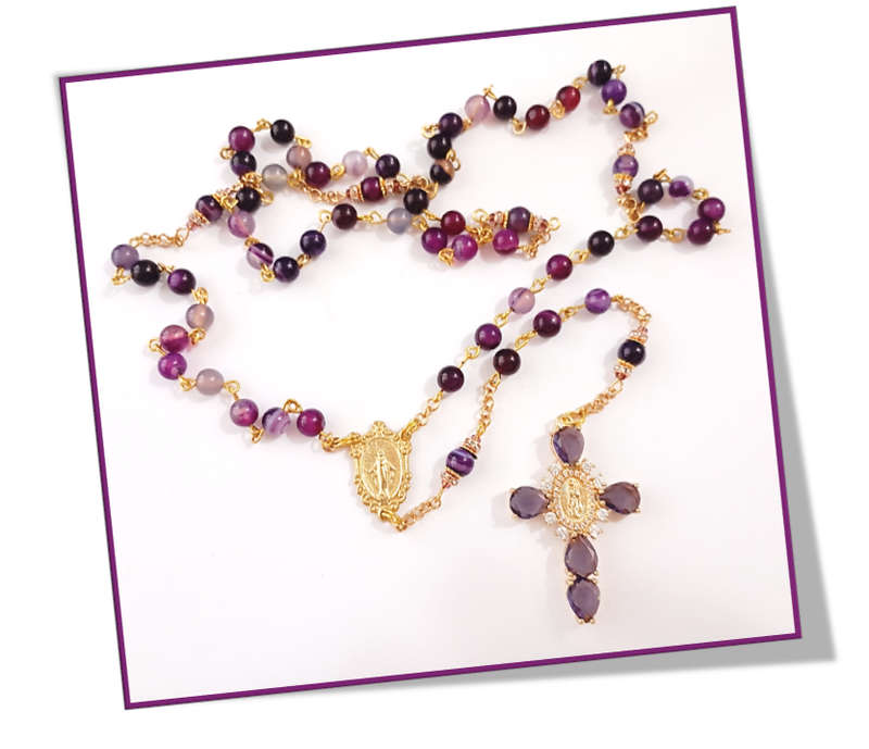 Madagascan Agate Semi-Precious Stone Rosary with Diamante Cross - Chain Design