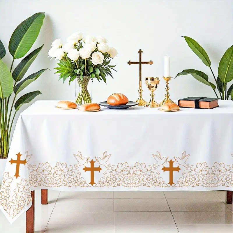 Altar cloth - Printed Cross, Vines, Grapes and Doves in Gold - 2.3 x 1.4meter