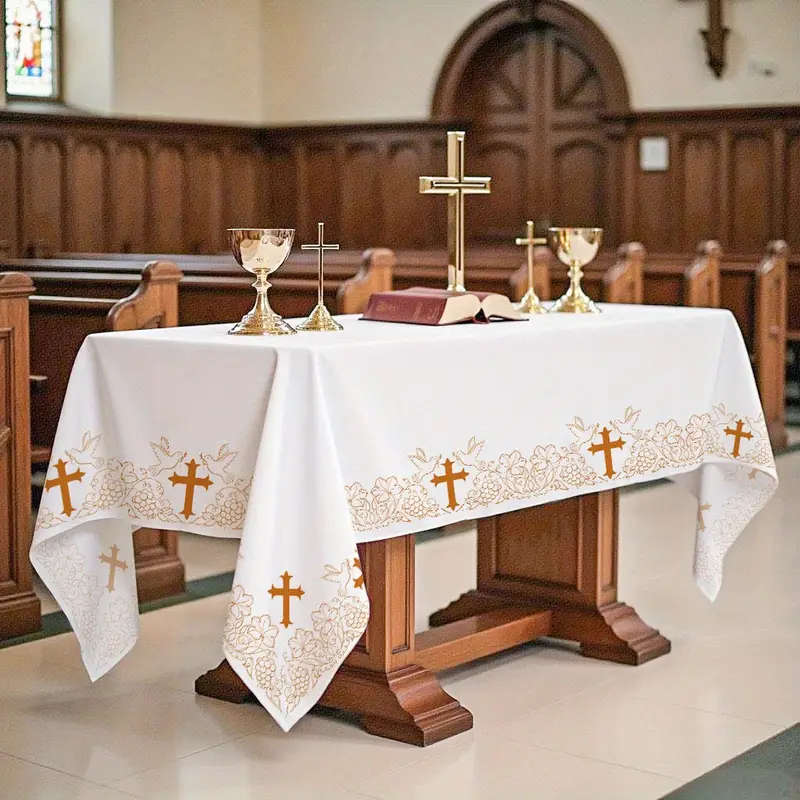 Altar cloth - Printed Cross, Vines, Grapes and Doves in Gold - 2.3 x 1.4meter