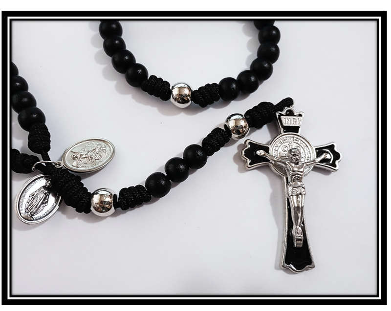Warrior Rosary - 10mm Black Wooden Paracord with St Benedict Crucifix