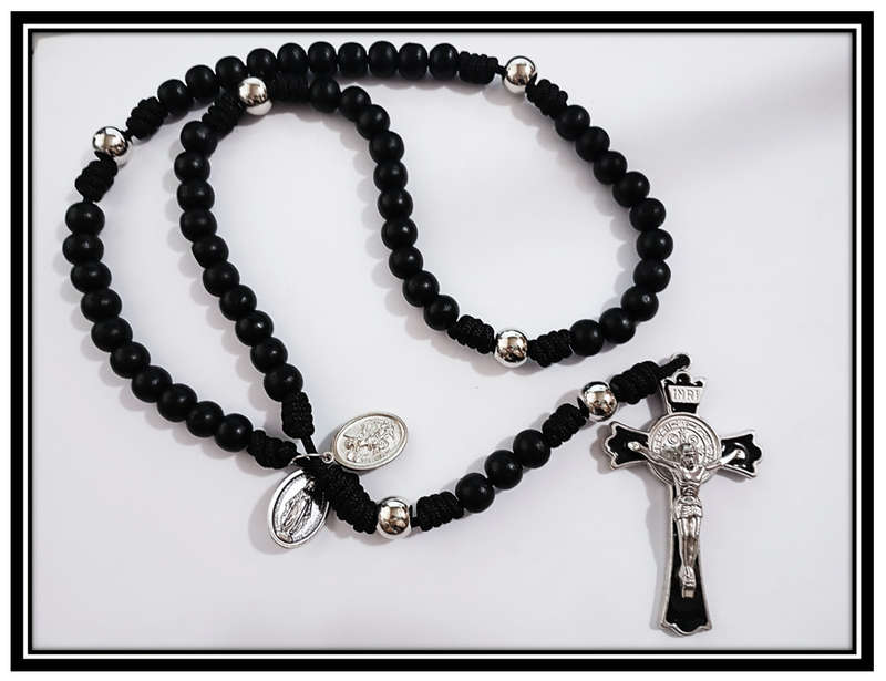 Warrior Rosary - 10mm Black Wooden Paracord with St Benedict Crucifix