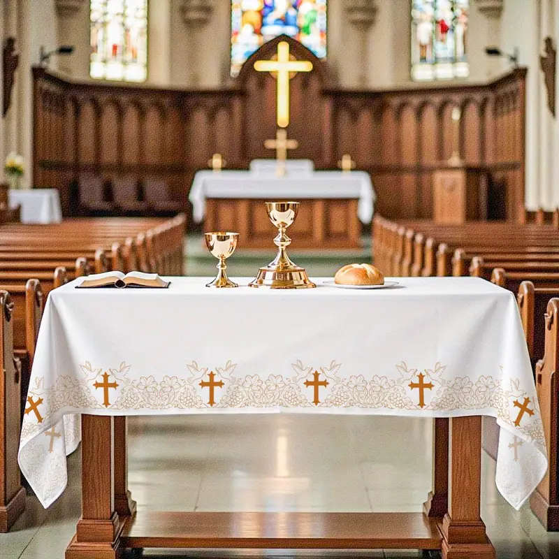 Altar cloth - Printed Cross, Vines, Grapes and Doves in Gold - 2.3 x 1.4meter