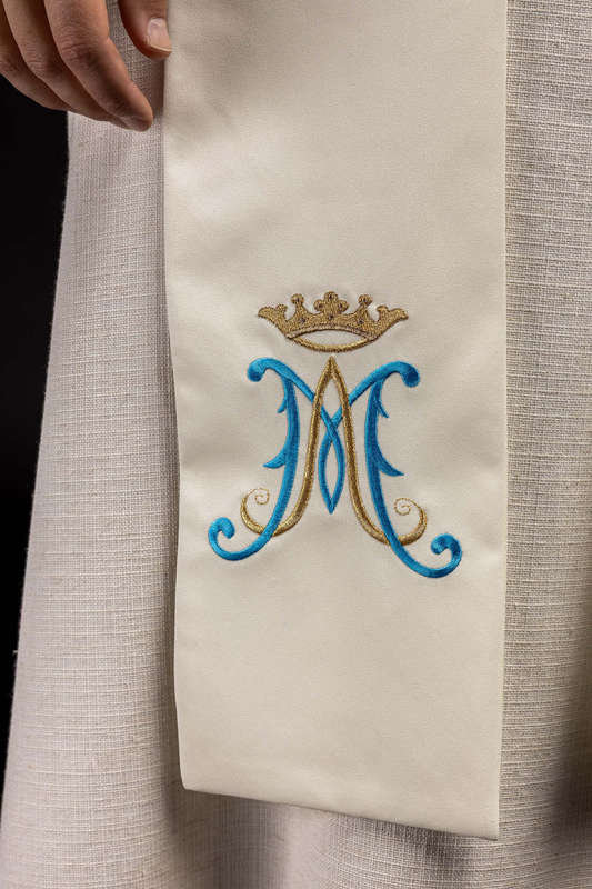 Haftina House - Marion Stole in White with Blue & Gold embroidery