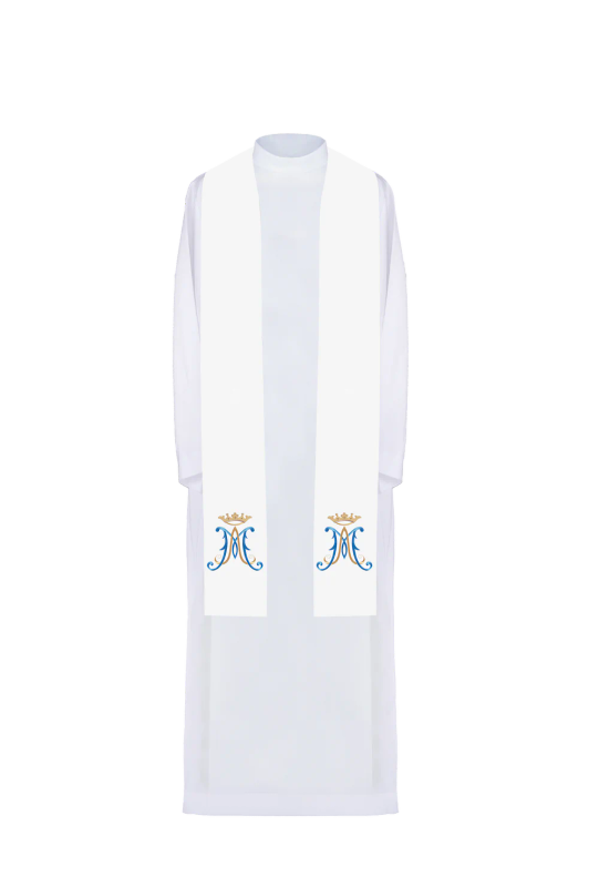 Haftina House - Marion Stole in White with Blue & Gold embroidery