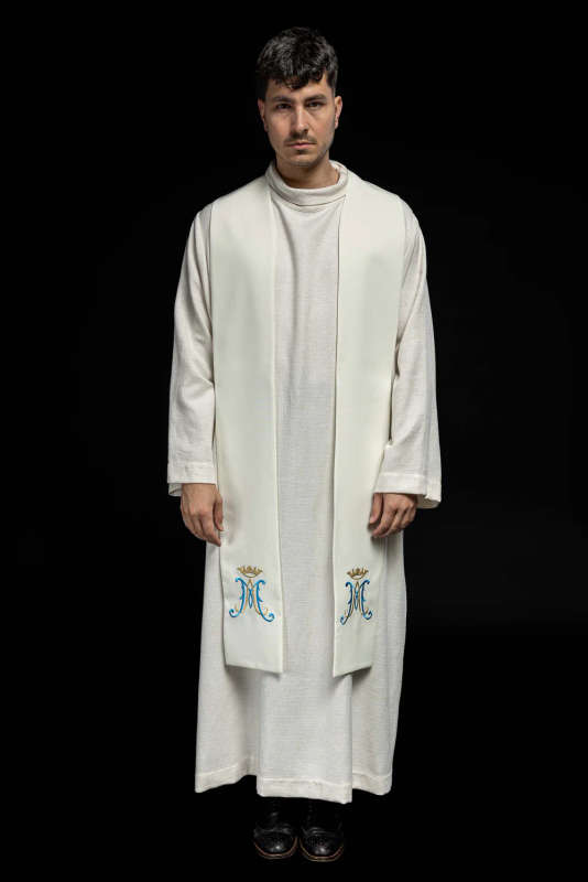 Haftina House - Marion Stole in White with Blue & Gold embroidery