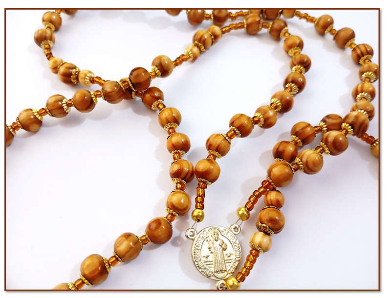 Olive Wood Rosary / St Benedict in gold - Strung design