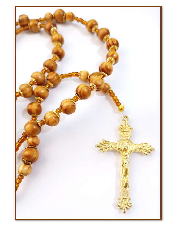 Olive Wood Rosary / St Benedict in gold - Strung design