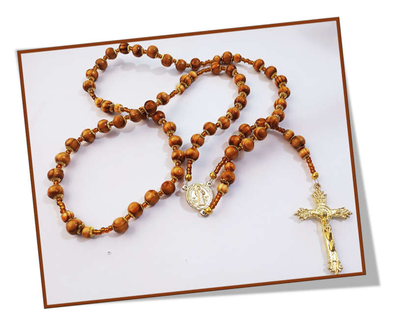 Olive Wood Rosary / St Benedict in gold - Strung design
