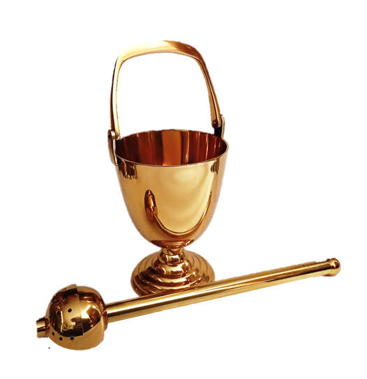 Brass Holy Water Sprinkler and Holy Water Vessel - Set