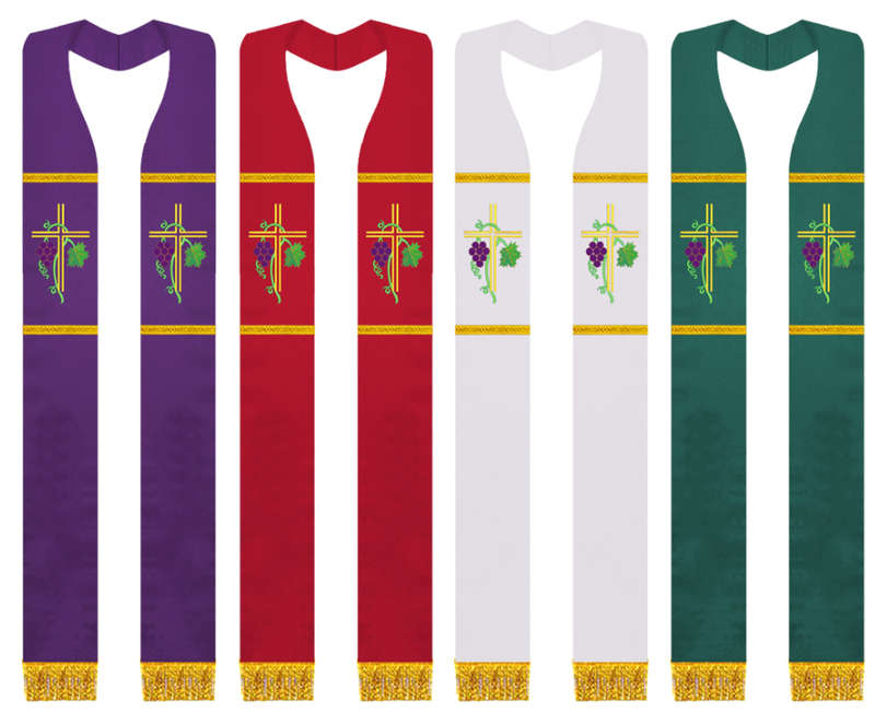 Stole - Double Lined Golden Cross with Grapes & Vines Embroidery - All liturgical colours