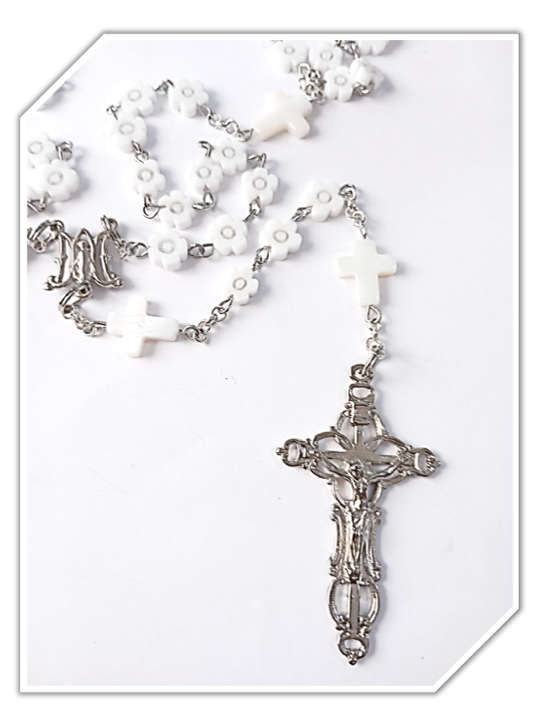 White Porcelain Flower Rosary with Shell Cross Mysteries - Chain Design