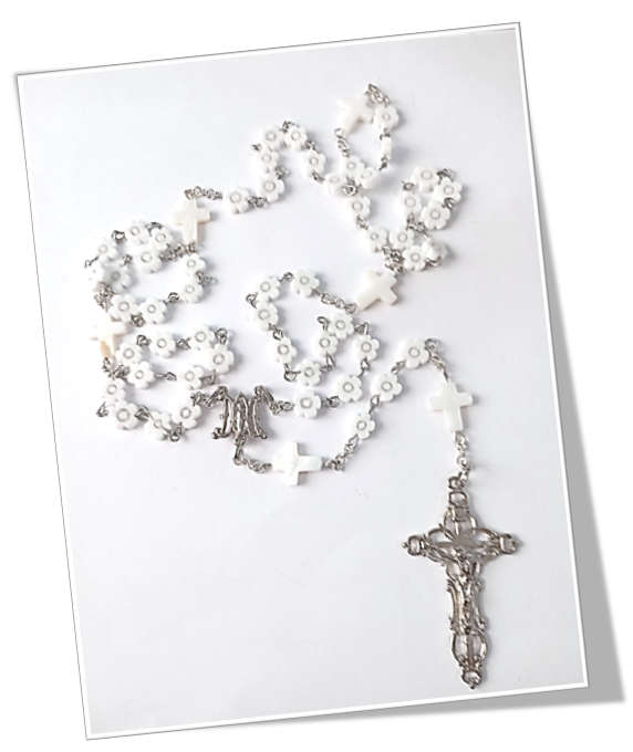 White Porcelain Flower Rosary with Shell Cross Mysteries - Chain Design