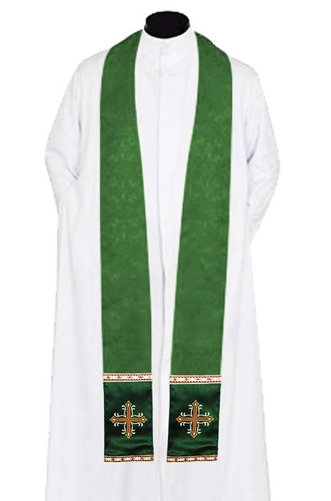 Green - Priest Stole with Cross Embroidery in red and gold
