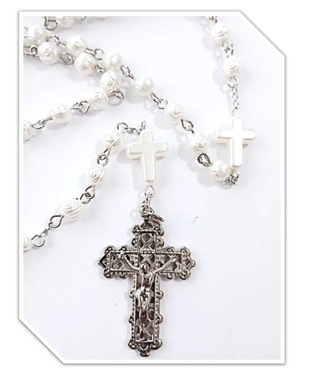 White Rose Rosary with Cross Mysteries - Limited Edition