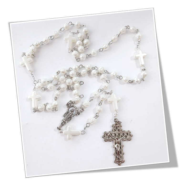 White Rose Rosary with Cross Mysteries - Limited Edition