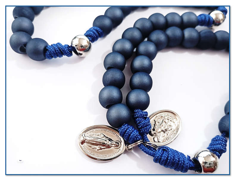 Warrior Rosary - 10mm Blue Acrylic bead, Paracord with St Benedict Crucifix