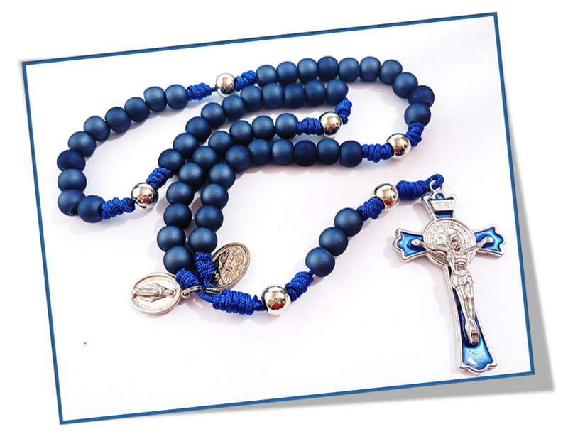 Warrior Rosary - 10mm Blue Acrylic bead, Paracord with St Benedict Crucifix