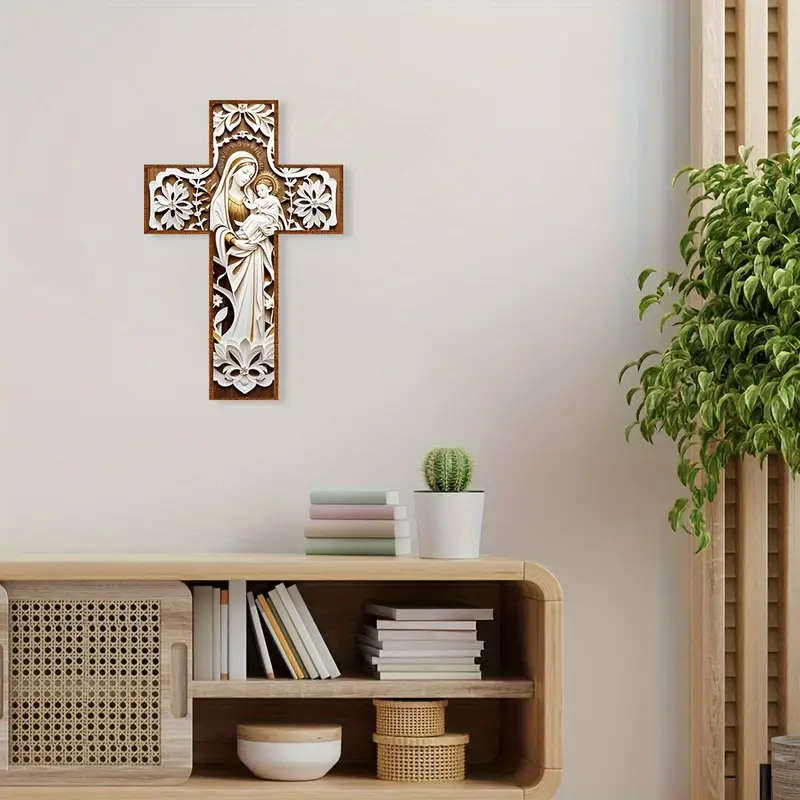 30cm Madonna & Child Wooden Cross - 2D