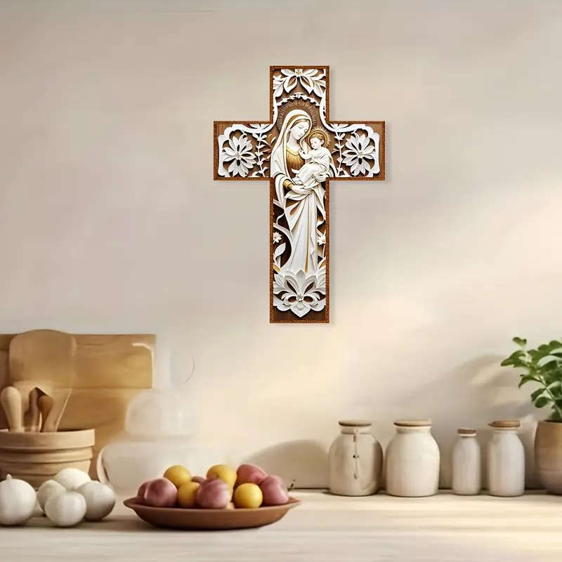 30cm Madonna & Child Wooden Cross - 2D