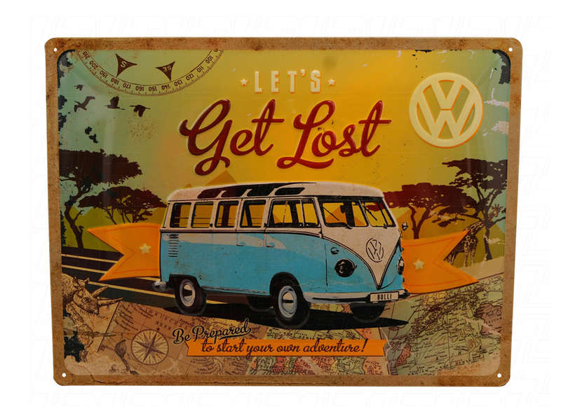 Metal "lets get lost" Sign with VW Bus