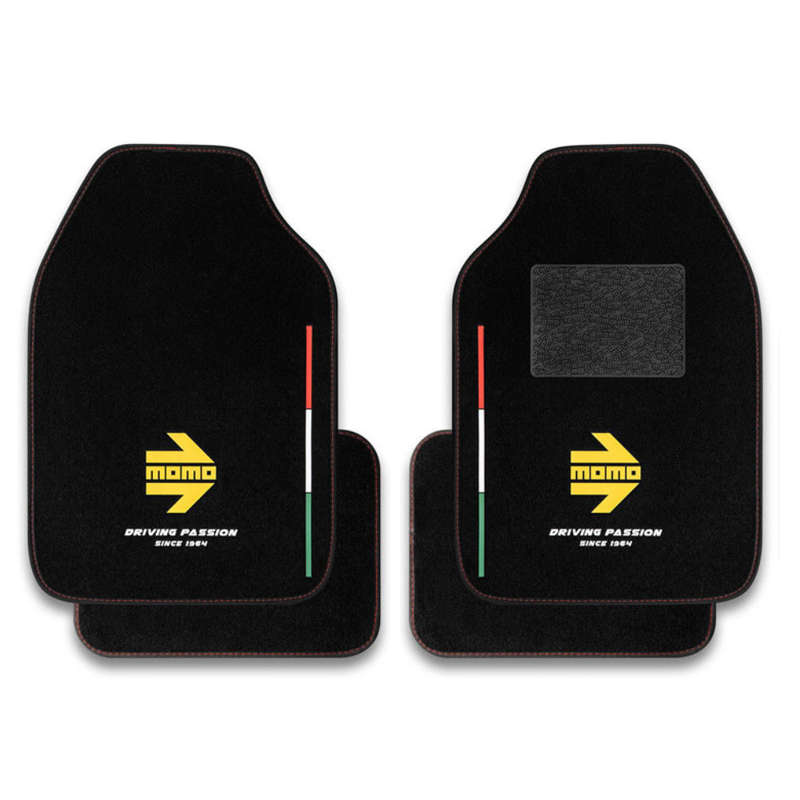 Momo Racing 4piece Floor Mats - Black with Italian Stripe &amp; Yellow Arrow Design