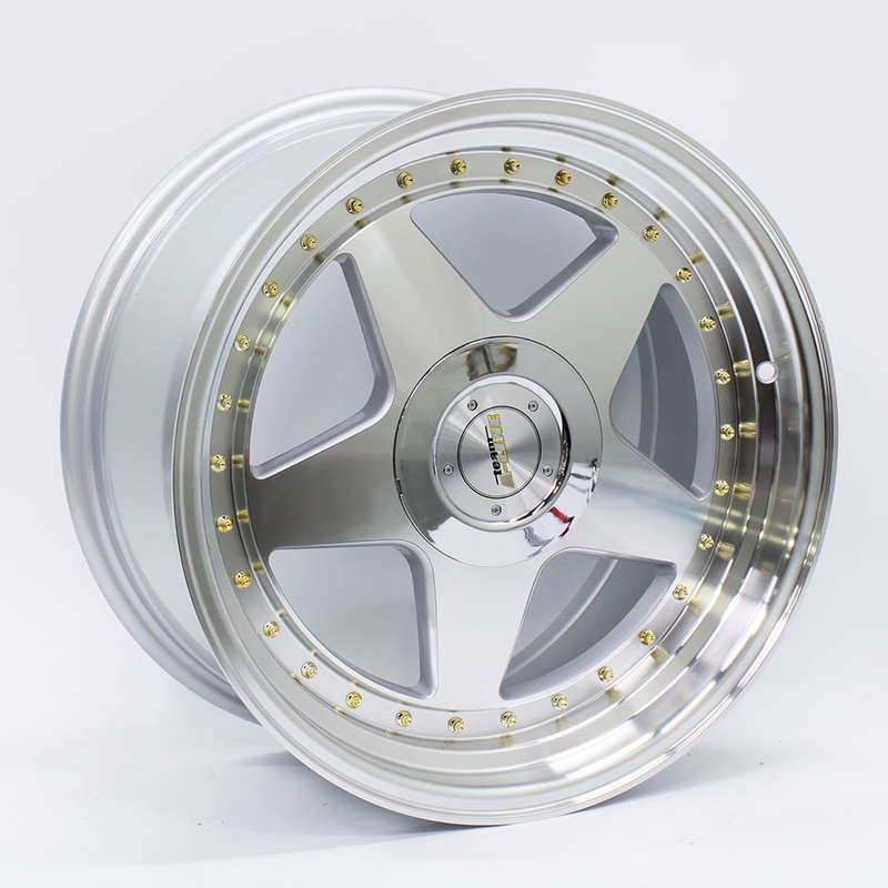 17" A-Line Swag 5/100 &amp; 5/114 Silver Machine Face with Gold Rivet Alloy Wheels