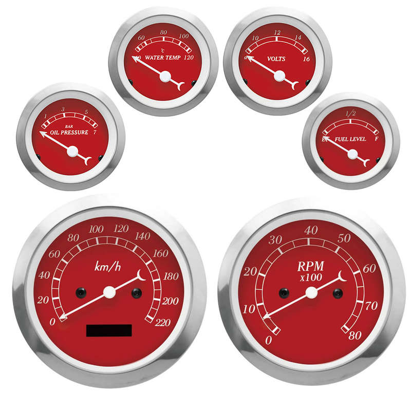 Autogauge Classic Red Face 6 Gauge Set (speedo/tacho/oil pressure/water temp/volte/Fuel)