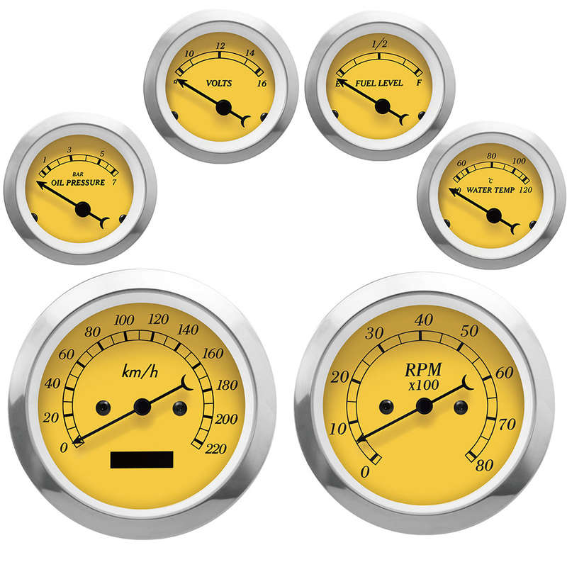 Autogauge Classic Yellow Face 6 Gauge Set (speedo/tacho/oil pressure/water temp/volte/Fuel)