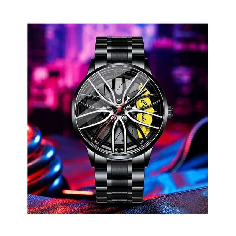 Mens Sport Watch with Alloy Wheel &amp; YellowBrake Caliper Design