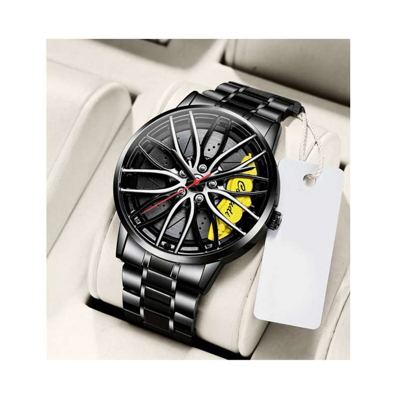 Mens Sport Watch with Alloy Wheel &amp; YellowBrake Caliper Design