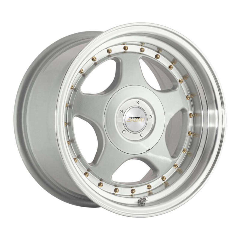 15" A-Line Rogue 4/100 & 4/114 Super Silver machine Lip with gold Rivet Alloy Wheels