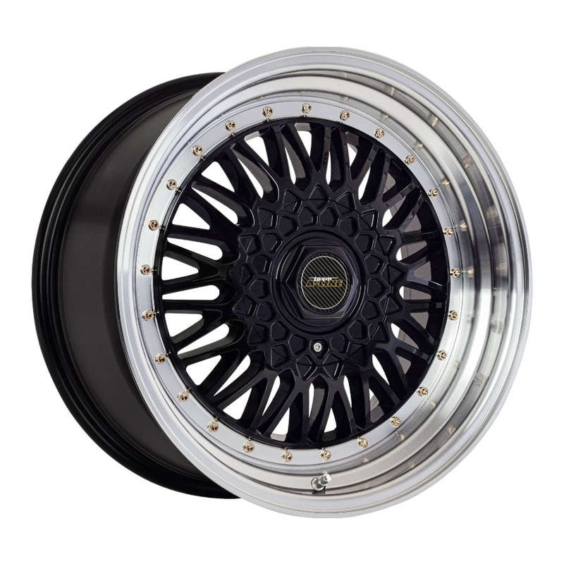 17" A-Line Villain 5/100 &amp; 5/114 Black Machine Lip Alloy Wheels with gold Rivets