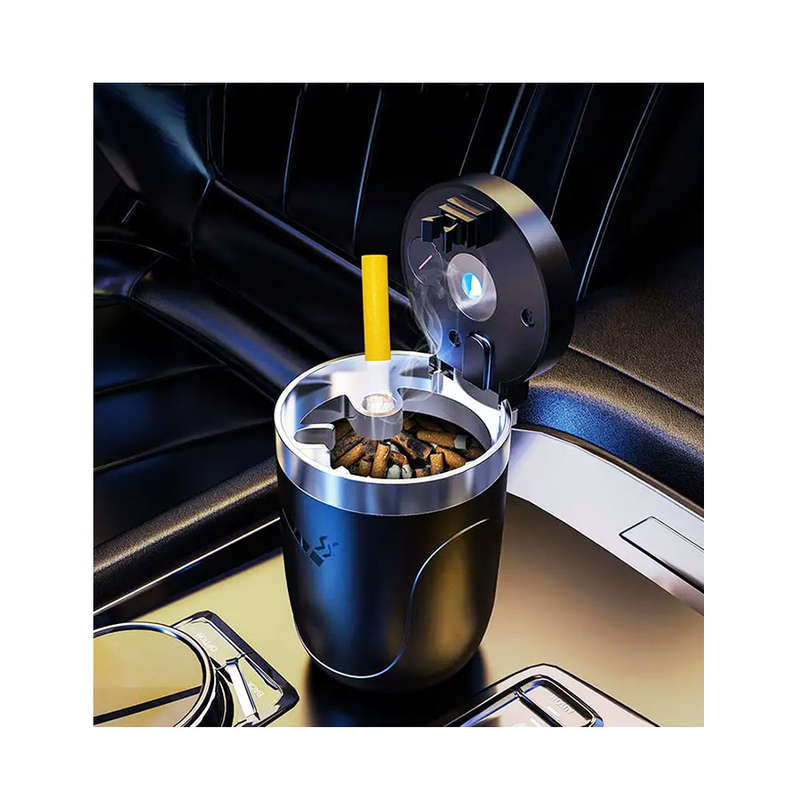 Cupholder Matt Black Cigarette Ashtray with LED Light &amp; Flip Lid