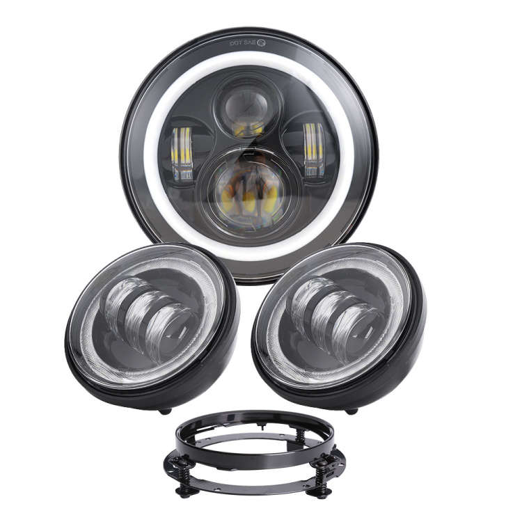LED360 Harley Headlight Set with LED Halo rings 1 x Headlight &amp; 2 Spotlights (black)