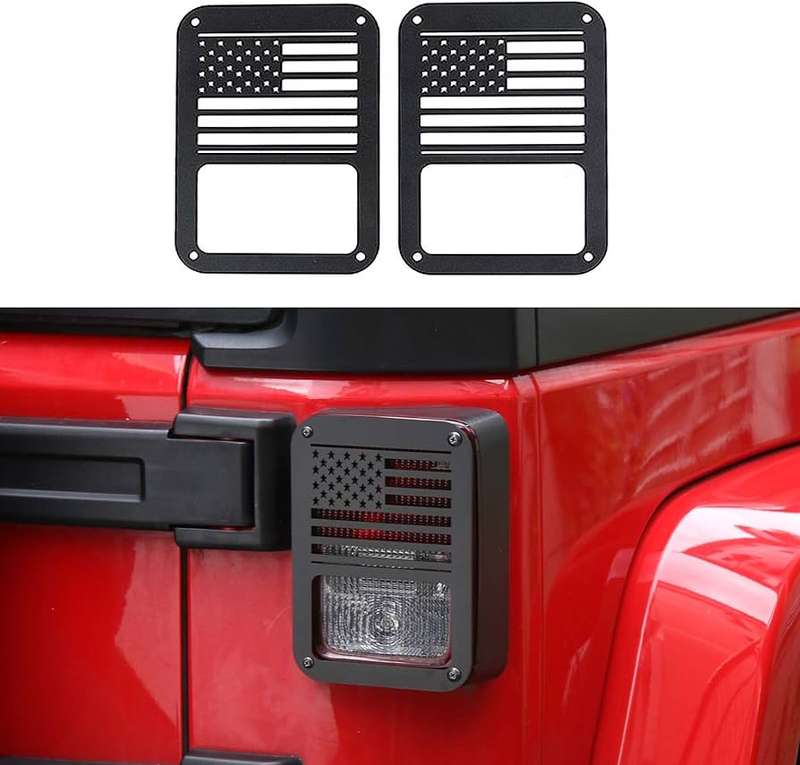 Matt Black Steel Tailight Cover with USA Flag Design for Jeep