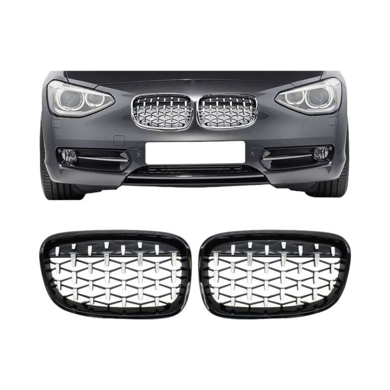 Chrome &amp; Gloss Black Diamond Grills Suitable to fit Bmw F20 1-Series pre-facelift 2012-2014