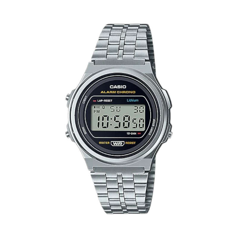 Casio Retro Round Face Silver &amp; Black Watch - A171WE-1ADF