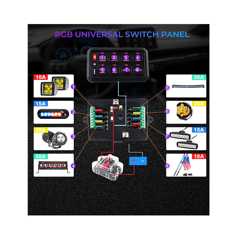 RGB 8-Gang Switch Panel with Bluetooth - Automotive Light Circuit Relay System control