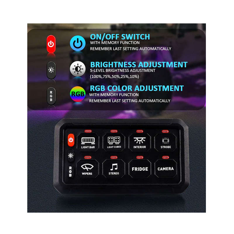 RGB 8-Gang Switch Panel with Bluetooth - Automotive Light Circuit Relay System control