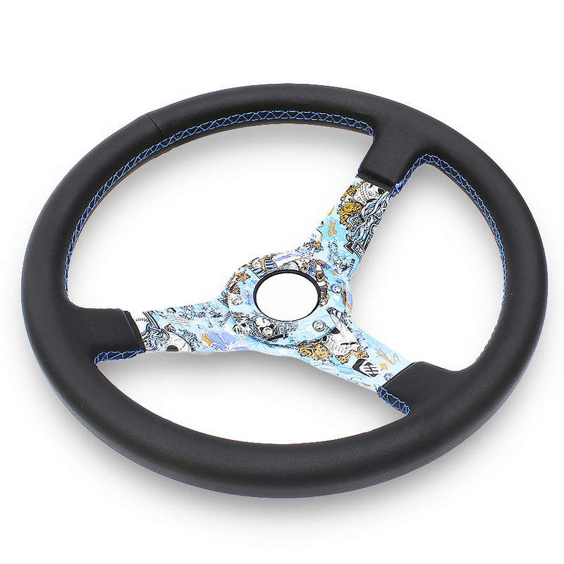 GripForge Leather Steering with Hydrodip Blue &amp; White Graffiti Design - 350mm