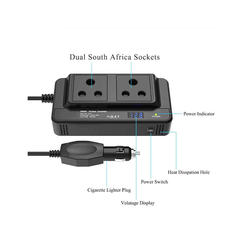 200W Car Power Inverter 12V to 220V with 4 USB Ports &amp; South African Plugs