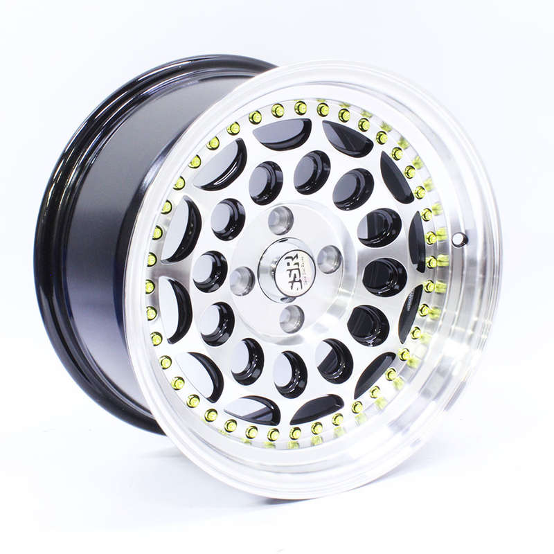 15" 5704 4/100 Black Face + Gold Studs Alloy Wheels