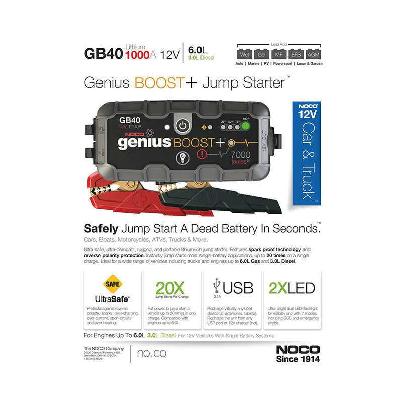 NOCO Genius GB40 Boost Plus 1000A 12v Ultrasafe Lithium Jump Starter